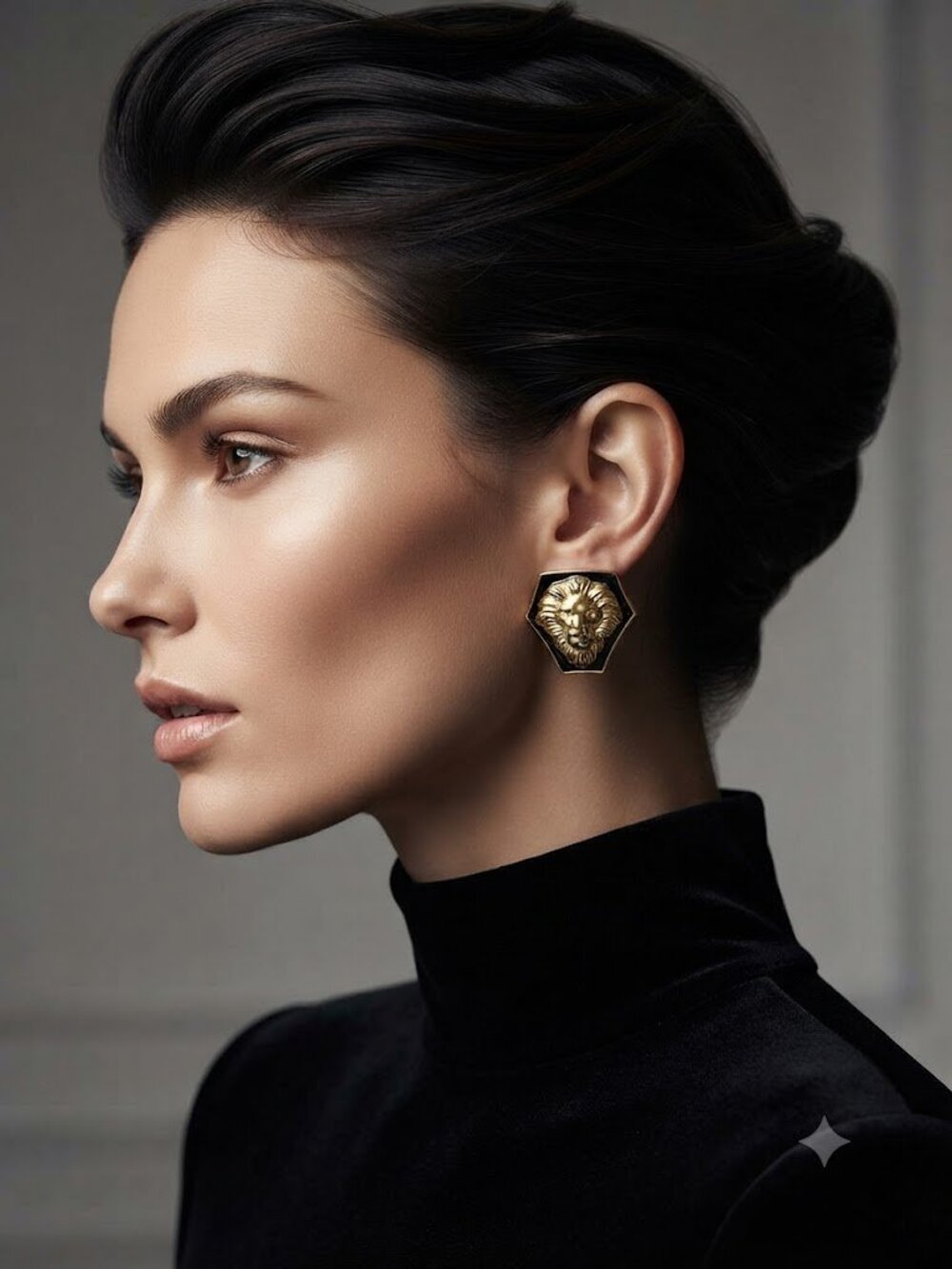 Avon Gold Lion Head Earrings - Black Accent